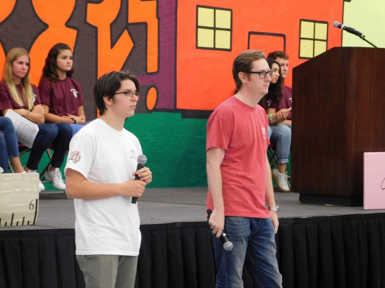 Senior Hunter Montano and Justin Miller wait for their Improv scene. 