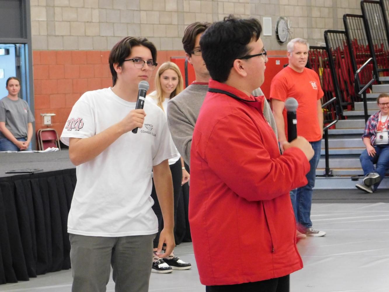 Seniors Hunter Montano and Vincente Saintignon act in an Improv scene. 