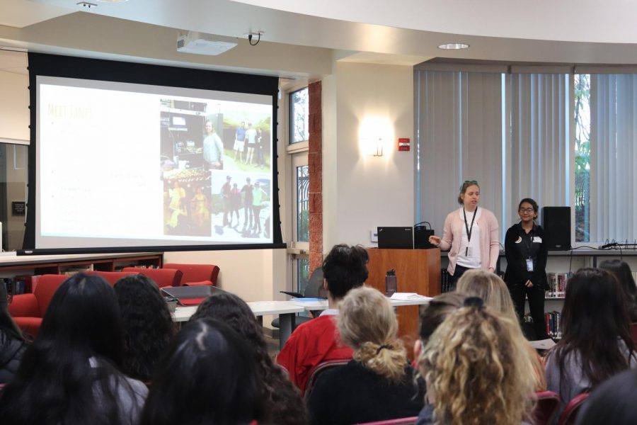MIT students Jane Heyes and Tooba Shahid introduce themselves to a group of female students on Jan. 22. Heyes is currently a graduate student pursuing a Ph.D. in electrical engineering and Shahid is a undergraduate freshman majoring in biomedical engineering. 