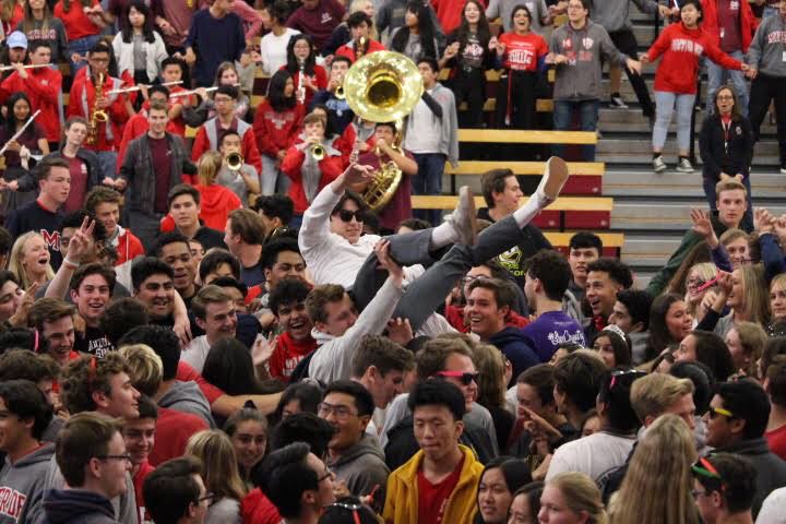 LAST HURRAH: While the class of 2019 is doing there final Alma Mater, Senior Nathaniel Almendral decided to make this last one count. He proceeded to jump into the crowd and get lifted by his classmates and friends. The saddened seniors soon became much more cheery and smiles spread across the crowds face.