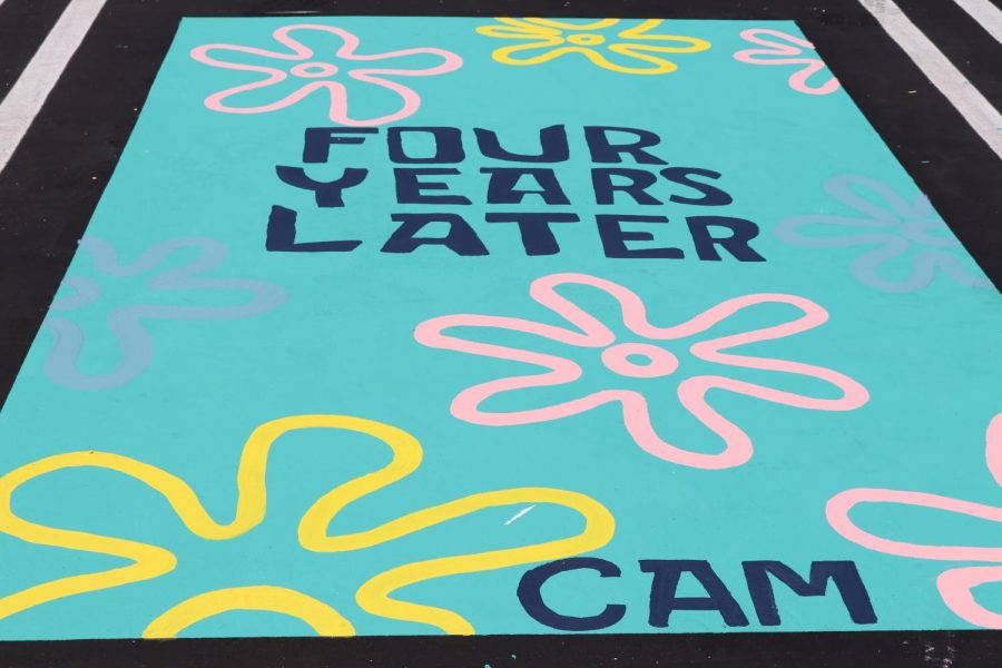 FLYING THROUGH THE YEARS: Senior Cameron Doan chose to design her parking spot similar to the transitions used in the Nickelodeon show Spongebob Squarepants. 
