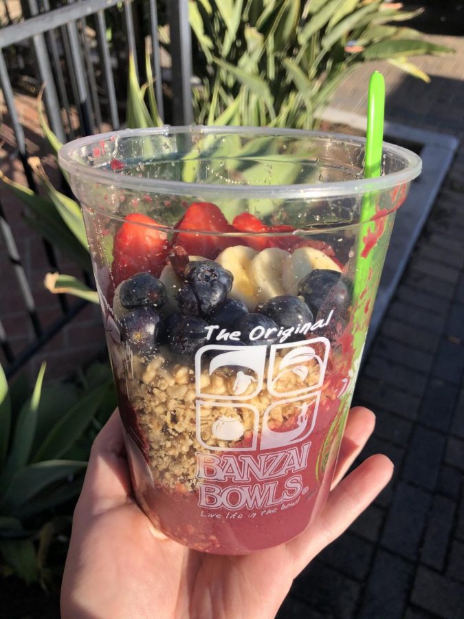 BERRY GOOD BOWL: One of Banzai Bowls’ most popular menu items is the Sharks Cove acai bowl with an apple juice base, decked out with honey, granola, bananas, strawberries, blueberries, and goji berries. 