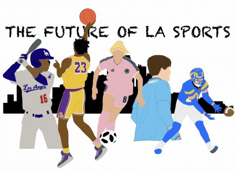 (Left to right) Senior Stanley Nicholson, juniors Gabriel Quiette and Annie Karich, senior Kade Ganey, and sophomore Kassius Ashtiani depicted in the uniform of the professional sports teams that have inspired them as athletes (Los Angeles Dodgers, Los Angeles Lakers, Angel City Fútbol Club, Los Angeles Galaxy, and Los Angeles Rams). 
