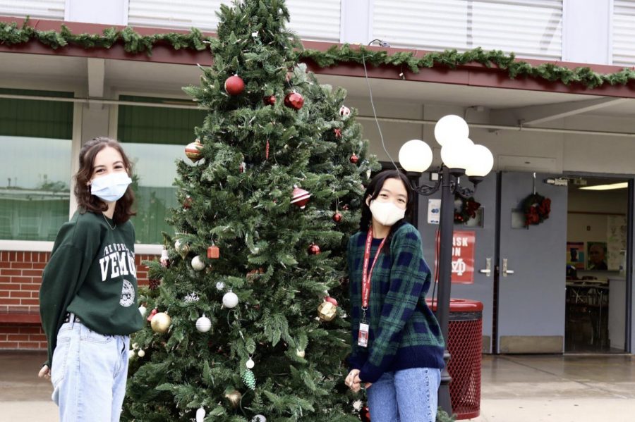 DECK THE HALLS
To celebrate the Christmas spirit, the grotto was dressed up with Christmas trees, garlands, and lampposts in order to spread the contagious holiday spirit. Freshmen Marieka Erhard (left) and Hannah Franco (right) pose in front of one of the Christmas trees. Erhard’s favorite Christmas decoration to see is the Christmas lights. “They just make me feel better,” Erhard said. 