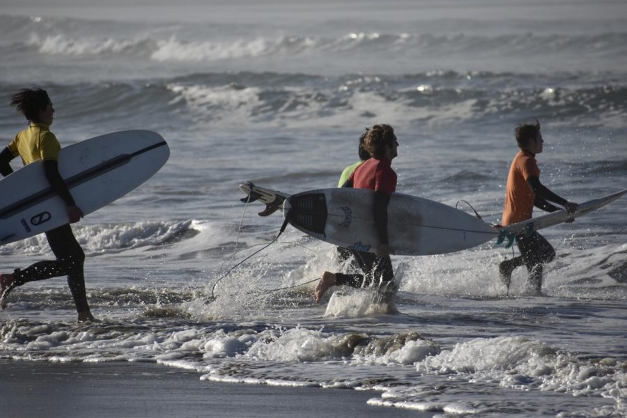 THE WAVES AWAIT: The surf team dives into the water and warms-up in anticipation of their competition against Corona del Mar High School. (Photo courtesy of Tia Shackeroff-Reiser)
