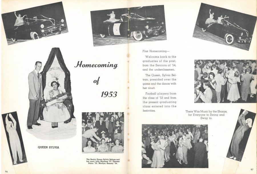 Mater Dei Homecoming 1953 THE FIRST OF MANY: The Homecoming of 1953 was the first homecoming in Mater Dei history. The ‘50s was a defining decade for fashion where many new looks, styles, and silhouettes rose to relevance. The rise of the “New Look” by Christian Dior in the late 1940s, which was considered big and bold for the era, opened the gates for new ideas and shaped fashion history. The “New Look” had full dress skirts and a padded bust to accentuate the waist. Popular dress silhouettes of the time were the swing dress, which was tea length [3 to 4 inches above the ankle], and full-skirted, and the pencil dress which was form-fitting. Popular cocktail and evening dress silhouettes were commonly made from silk, taffeta, lace, or velvet. The necklines were high and round in a V shape and had minimal trim. 