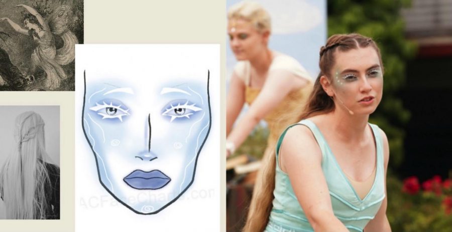 EXPECTATIONS VS REALITY: On the far left are reference images that makeup lead Kemper Rodi and the rest of her team used for inspiration while designing makeup looks for the character of Ariel in The Tempest. The middle image is the initial design for her makeup look, while the image on the right is the final look used in the show. These pictures show how makeup looks can change over the course of  production. “While I do love my makeup looks and I do have very high expectations for them, some of those expectations are not realistic.” Rodi said. “While I was doing The Tempest, I had this huge [idea] for Ariel where I wanted Ariel completely painted white, but then we got into the process and we realized that [the concept] would be a conflict with [the other characters] costumes. So I had to basically narrow it down [and modify] the look.” (Photo courtesy of Kemper Rodi)