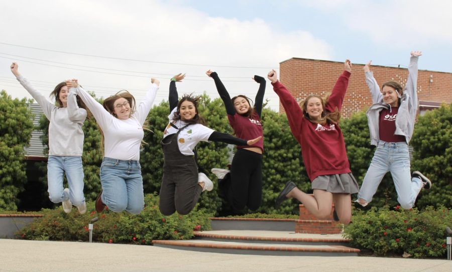 TEAM WORK MAKES THE DREAM WORK: From left to right, Juniors Kemper Rodi, Claire Riss, Keilah Mora, Zolie Pham, Sarah Castillo, and Cassidy Butcher jump for joy as they recreate the classic High School Musical cover photo. Each one is working as a tech lead for the 2022 senior musical, High School Musical. Hair and makeup lead Kemper Rodi has been on tech since her freshman year. She loves working with the cast members and expressing her creativity through makeup. Rodi has also been involved in the production of musicals as a cast member, though she enjoys the unique experience of tech much more. “I love tech because of the constant support from both cast and faculty, along with the creative opportunities that it offers,” Rodi said.