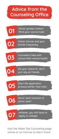 COUNSELING OFFICE WEIGHS IN The Mater Dei Counseling Office lists important things for students to consider before application season. 