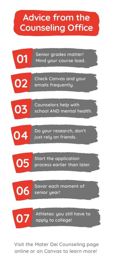 COUNSELING OFFICE WEIGHS IN The Mater Dei Counseling Office lists important things for students to consider before application season. 