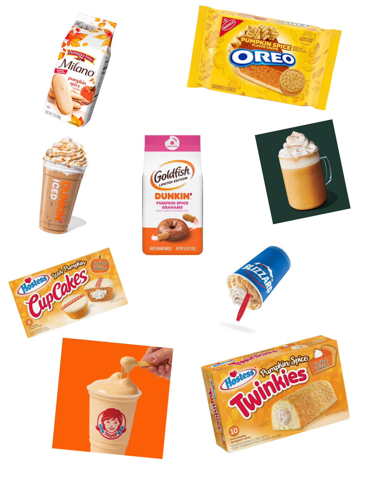 FALL MENU: Above are some fall items rated in this article. In order: Pepperidge Farms Milano Pumpkin Spice Cookies, Pumpkin Spice Oreos,  Pumpkin Spice Signature Latte from Dunkin Donuts, Dunkin Donuts Graham Goldfish, Starbucks Pumpkin Spice Latte, Hostess Pumpkin Spice Cupcakes,  Dairy Queen Pumpkin Pie Shake,  Pumpkin Spice Wendys Frosty, Hostess Pumpkin Spice Twinkies.