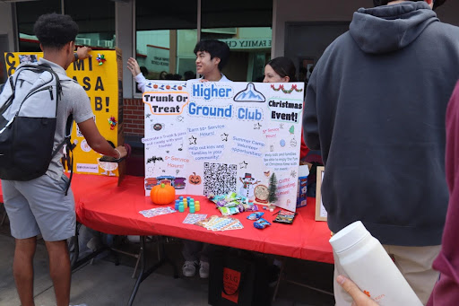 CLUBS FOR CHANGE President Kaitlyn Gilbreth and Vice President Reed Herenes promote their club, Higher Ground, during Club Rush. Many Mater Dei clubs are categorized as humanitarian or awareness clubs. In these clubs, students join in order to make a difference. “As a volunteer for the Higher Ground nonprofit organization in Anaheim, I wanted to find a way for the Mater Dei community to get involved in this wonderful organization,” Gilbreth said.