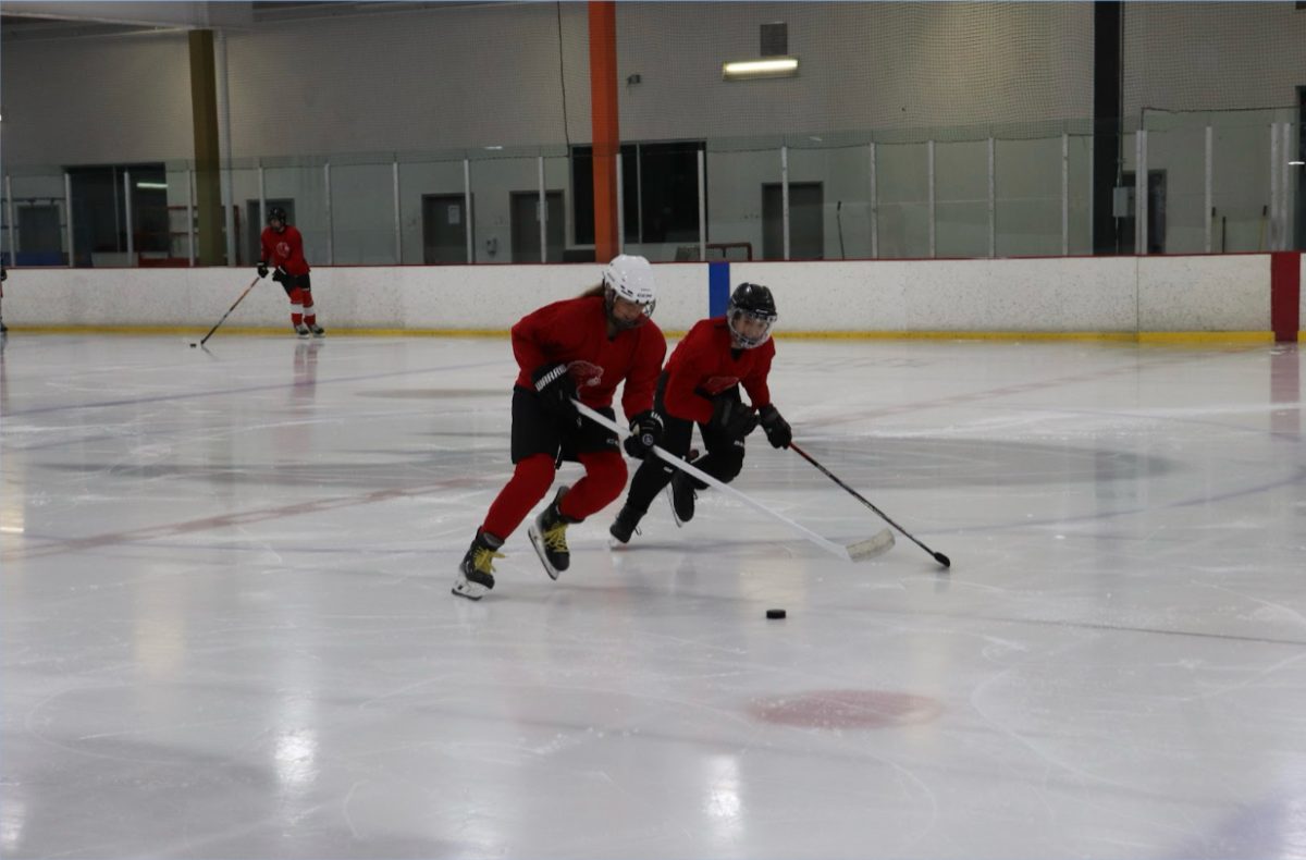 LAST DITCH EFFORT Freshman Max Chyczewski chases after sophomore Phoenix Dickinson, who has the puck, to prevent her from scoring. Defense is an important part of a hockey team, and being able to chase after a player with a puck and stopping them from scoring is an essential part of that role. “Something that can be really rewarding [about playing center/forward] is being able to have more chances to score,” Dickinson said. 