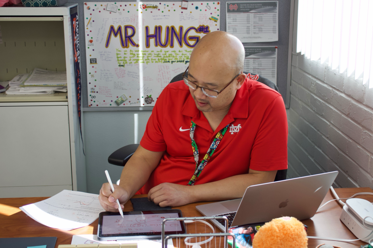 TRICKY TRIGONOMETRY Math Teacher Eugene Hung carefully goes over a recent unit test with his Honors Precalculus class, guiding students through key concepts in hopes to improve their understanding. Hung wishes his students to not only understand mathematical concepts, but also gain effective test-taking strategies. He encourages students to learn from each question in order to gear up for future exams. “This helps me to make sure that I’m not including extraneous content in the review because I don’t want students spending time studying things that won’t show up on the test,” Hung said. Photo by Stella Pham.