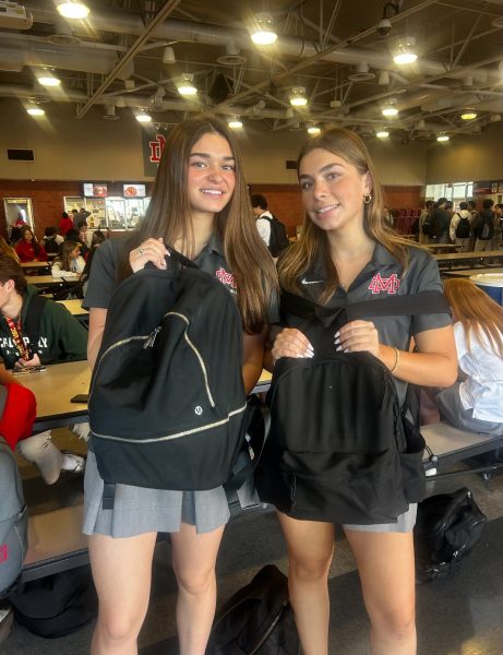BACKPACK BESTIES Sophomores Kylie Horwich and Sofia Grianu hold up their backpacks, full of things they need to take on the day. All of the items packed in each student’s bag is key to helping Monarchs get through school each day. “I don’t know what I would do without a lot of things in my backpack,” Horwich said. Photo illustration by Isabella Warmington.
