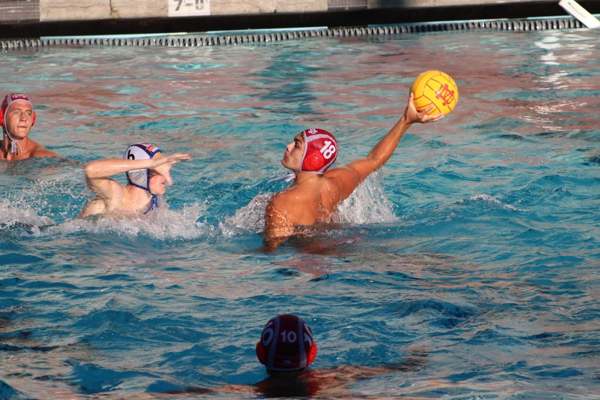 GAME IN ACTION Junior Jake Maniscalco looks for a teammate to pass the ball to. The team is focused and determined to work together and bring their best to each game. Perseverance highlights the passion driving Mater Dei’s water polo team this season under their new coach, Eric Zimmerman. Photos courtesy of Ali DePhillips.