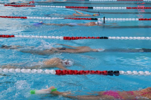 GETTING BETTER TOGETHER Mater Dei swimmers exert themselves at morning practice. As the season approaches, the swim team must discipline themselves for their early swim competitions. “Waking up early for practice is really hard, and getting yourself up in the morning and committing to the sport can be [difficult] at times,” Acevedo said.