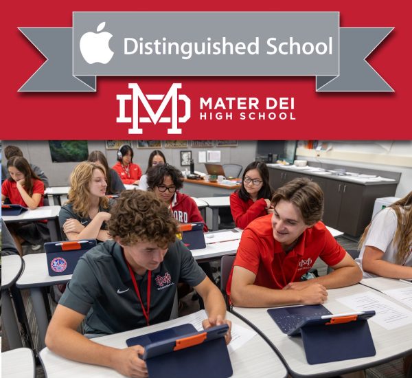 APPLE ASSISTANCE Mater Dei collaborates to enhance the educational experience for all students. This partnership includes iPads for all students and educationally advanced options. “It's a great collaboration for all students to help us advance,” sophomore Jackson Mooney said. Photo courtesy of Mater Dei High School.