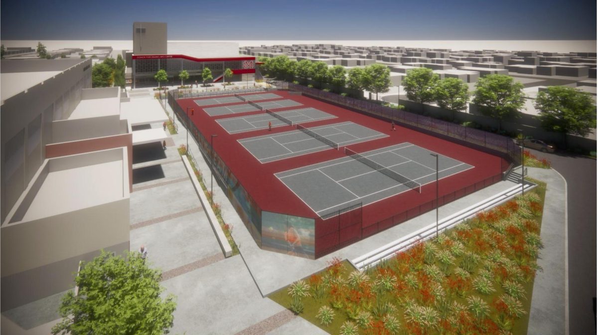BUILDING THE FUTURE: Plans to build tennis courts and a new Performing Arts Center will be started and completed in the coming years. This will benefit students and athletes alike as they will enhance both the Athletic and Performing Arts Departments and bring much-needed venues and state-of-the-art spaces to campus. “You want to be rooted in that tradition of the school when [it comes to] these projects, we’ve always got to be innovating and moving forward,” Vice President of School Relations Scott Melvin said. Mock Renderings courtesy of Mater Dei High School.